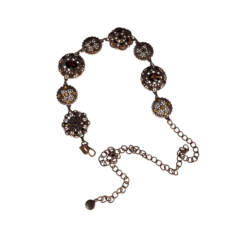 Chicos Copper Filigree Chain Belt Amber Rhinestone Boho Medallion Adjustable